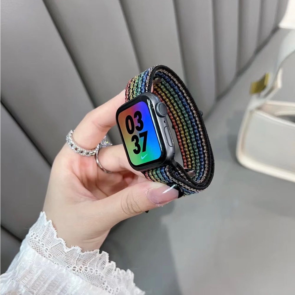 NEW BLACK RAINBOW Strap Loop Band FOR Apple Watch - Picture 2 of 9